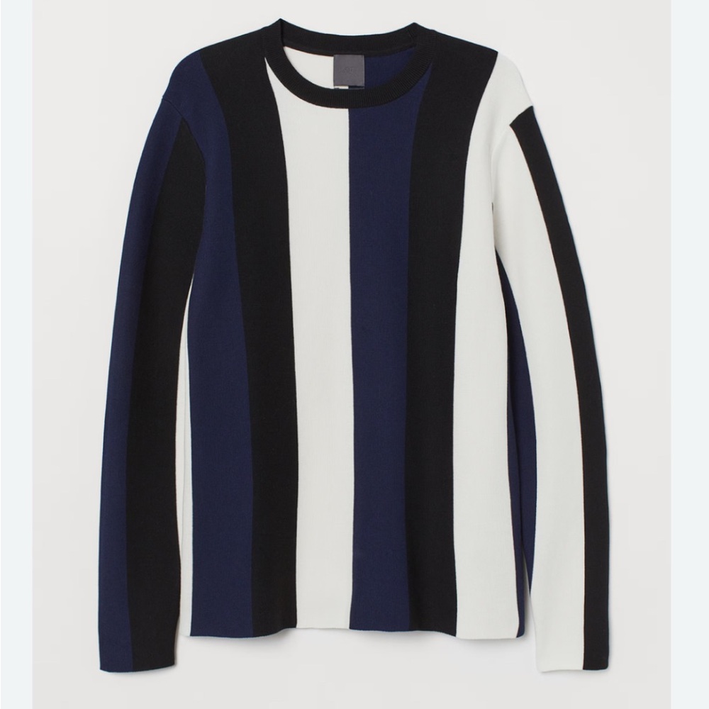 H&M Men's Sweater - Navy, Black, and White Stripes